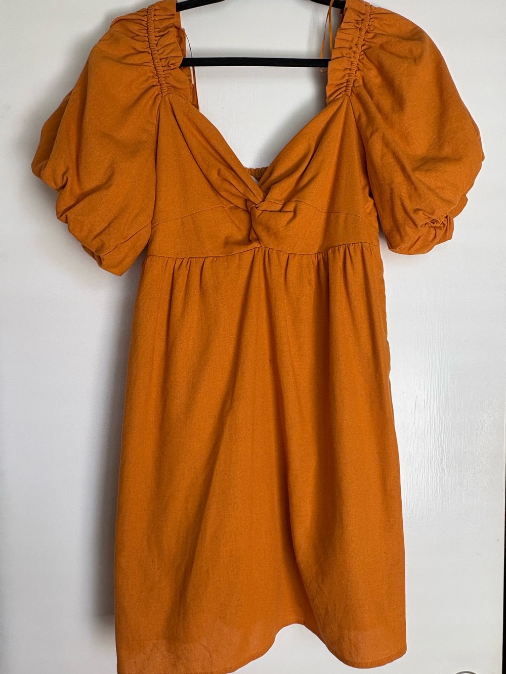 Moodie Orange Puff Sleeve Mini Dress Large Cottagecore Fall Linen Look NWT